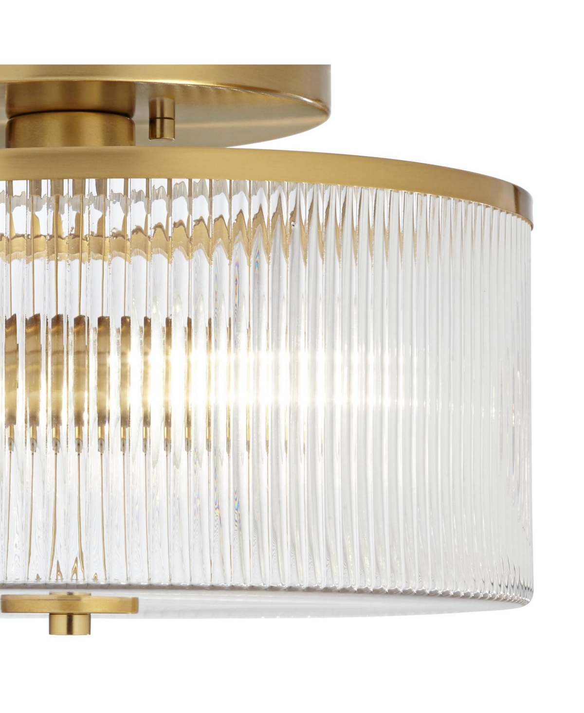 McKenzie 14" Mid Century Modern 2-Light Semi Flush-Mount Ceiling Light Fixture Kitchen Foyer Hallway Drum Round Warm Brass Finish Ribbed Glass Me