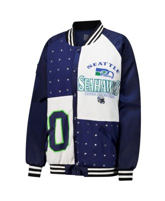 Women's College Navy/White Seattle Seahawks Oversized Hot Shot Rhinestone Throwback Full-Snap Varsity Bomber Jacket