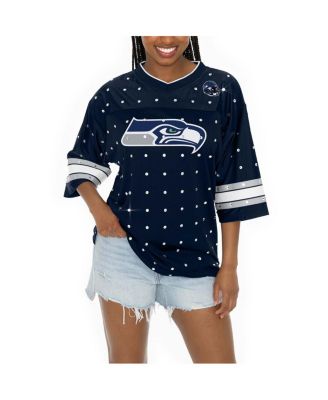 Women's College Navy Seattle Seahawks Kickoff Time Allover Rhinestone Sports Stripe Jersey V-Neck T-Shirt