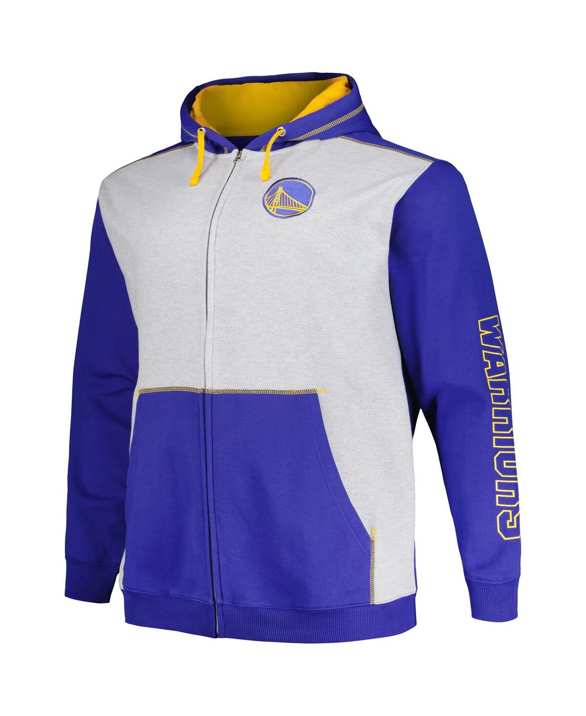 Fanatics Men's Royal/heather Gray Golden State Warriors Big Tall Contrast Pieced Stitched Full-zip Hoodie In Royal,heather Gray