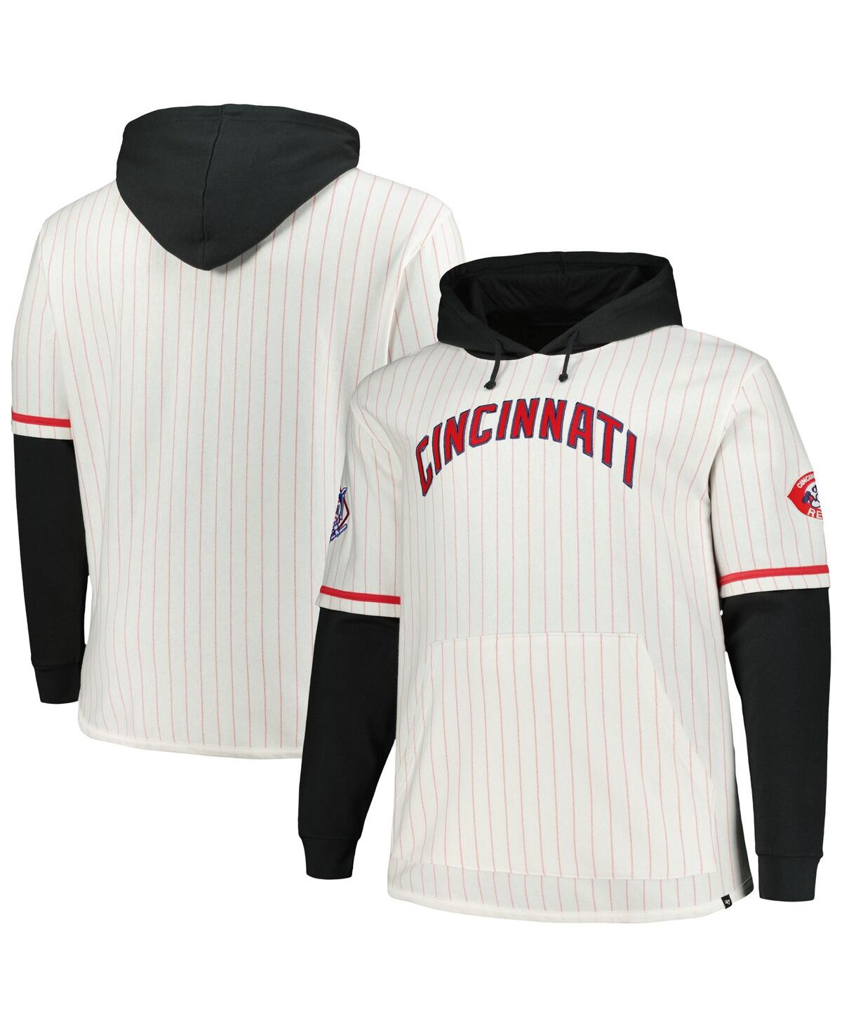 Shop 47 Brand Men's White/black Cincinnati Reds Big Tall Pinstripe Double Header Collection Pullover Hoodie In White,black