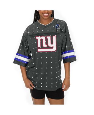 Gameday Couture - Women's Anthracite New York Giants Kickoff Time Allover Rhinestone Sports Stripe Jersey V-Neck T-Shirt