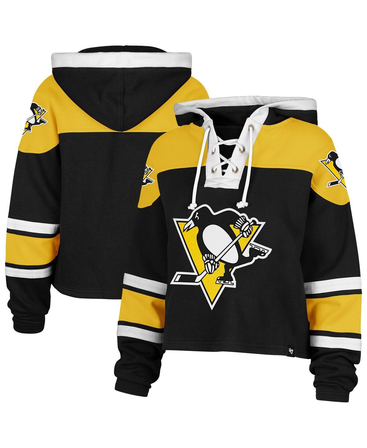 Women's Black Pittsburgh Penguins Cropped Superior Lacer Pullover Hoodie - Black