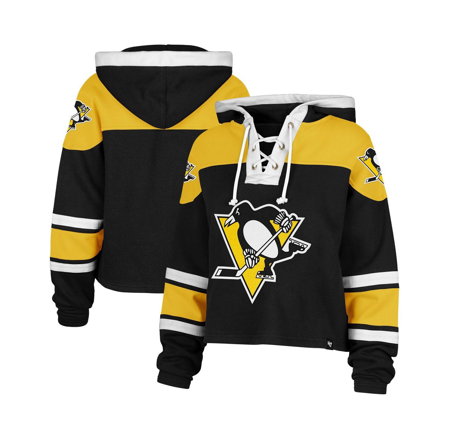 Women's Black Pittsburgh Penguins Cropped Superior Lacer Pullover Hoodie