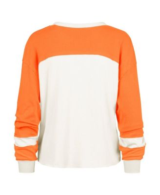 Women's Cream Miami Dolphins Double Header Curve Raglan Long Sleeve Crop Top