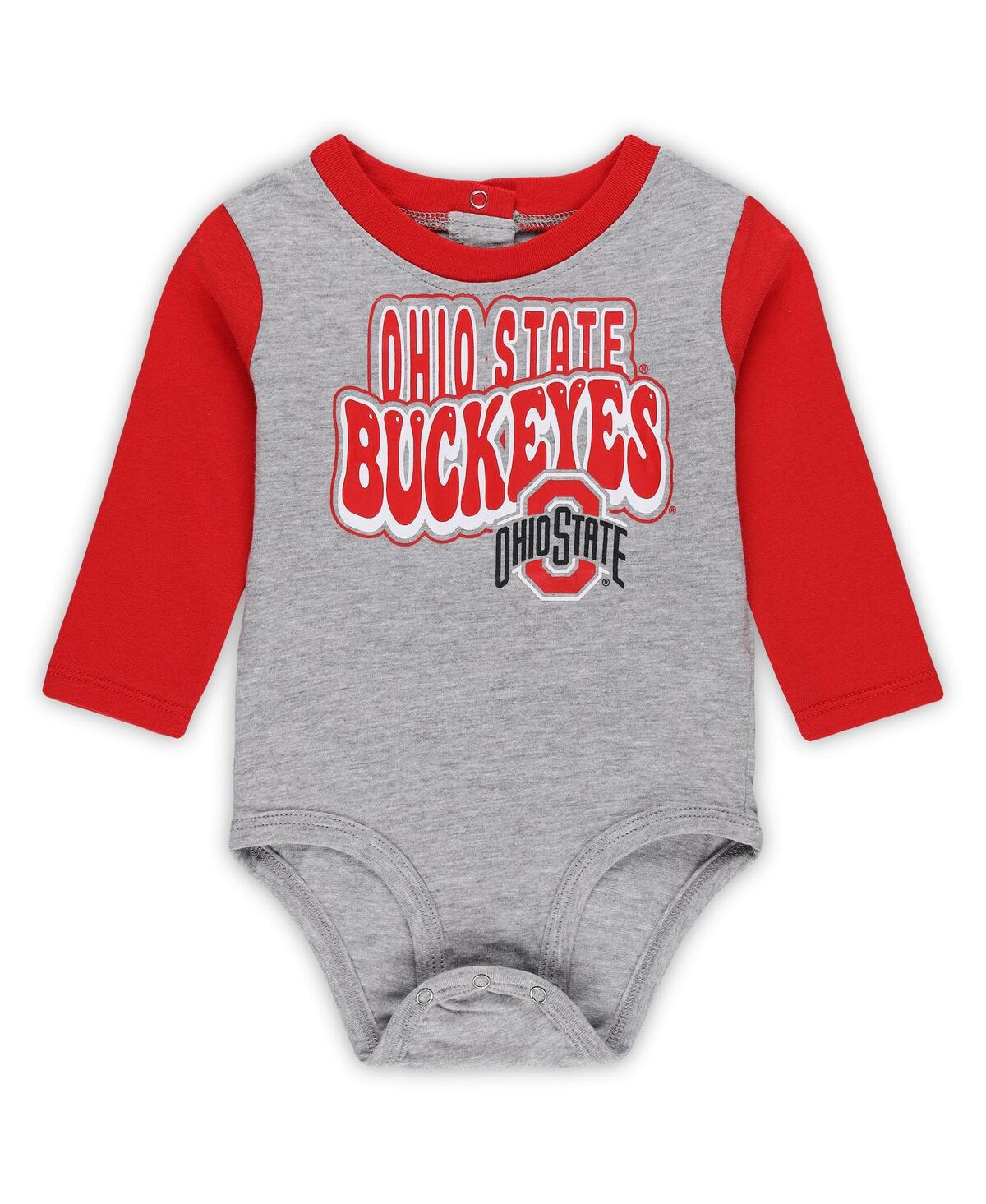 Outerstuff Baby Boys And Girls Ohio State Buckeyes Double Up Long Sleeve Bodysuit Pant Set In Heather Gray,scarlet