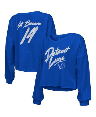 Majestic - Women's  Amon-Ra St. Brown Blue Detroit Lions Name Number Off-Shoulder Script Cropped Long Sleeve V-Neck T-Shirt