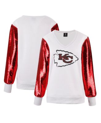 Cuce Womens White Kansas City Chiefs Sequin Sleeve V-Neck Pullover Sweatshirt 17790₽