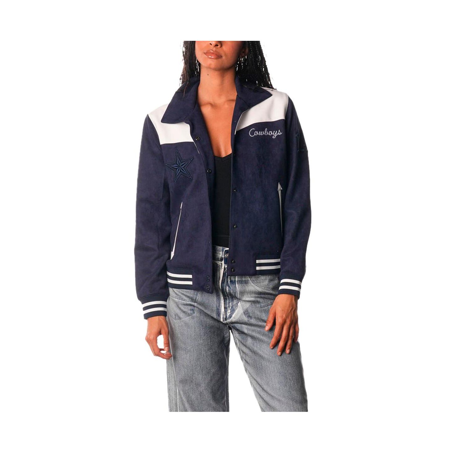 Women's Navy Dallas Cowboys Suede Full-Snap Bomber Jacket