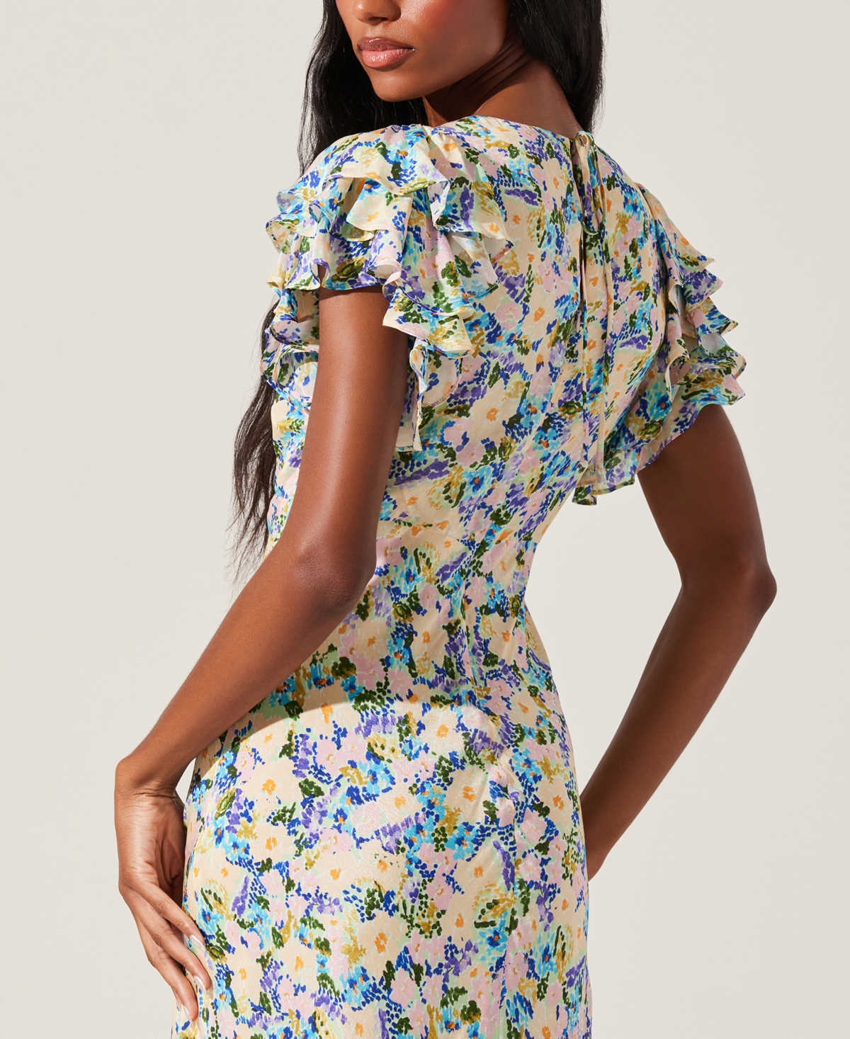 Astr The Label Celestine Floral Flutter Sleeve Maxi Dress In Blue Yellow Ditsy