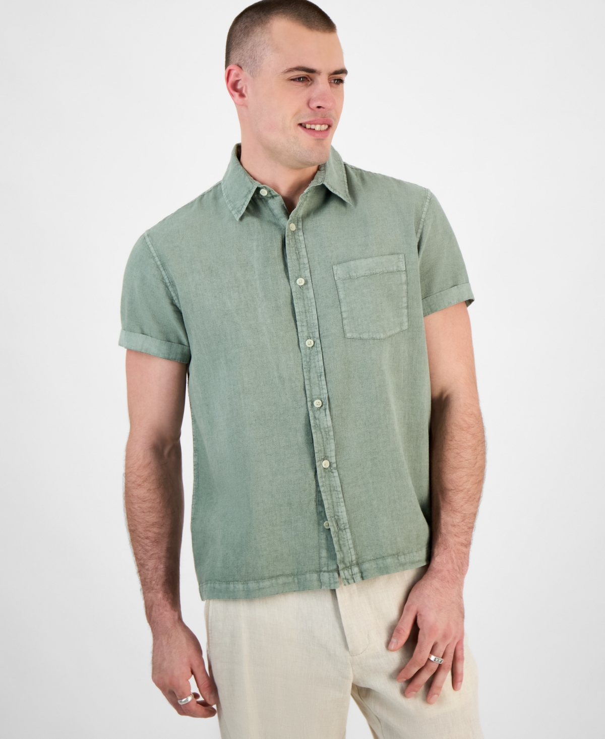 Sun + Stone Men's Blake Linen Chambray Short Sleeve Button-front Shirt, Created For Macy's In Vintage Sage