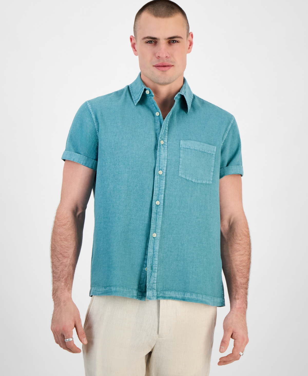 Shop Sun + Stone Men's Blake Linen Chambray Short Sleeve Button-front Shirt, Created For Macy's In Bristol Blue