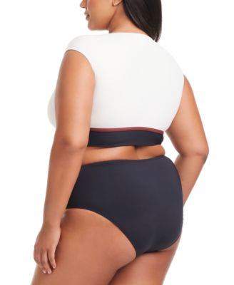Plus Size Button-Down Cap-Sleeve Cropped Swim Top