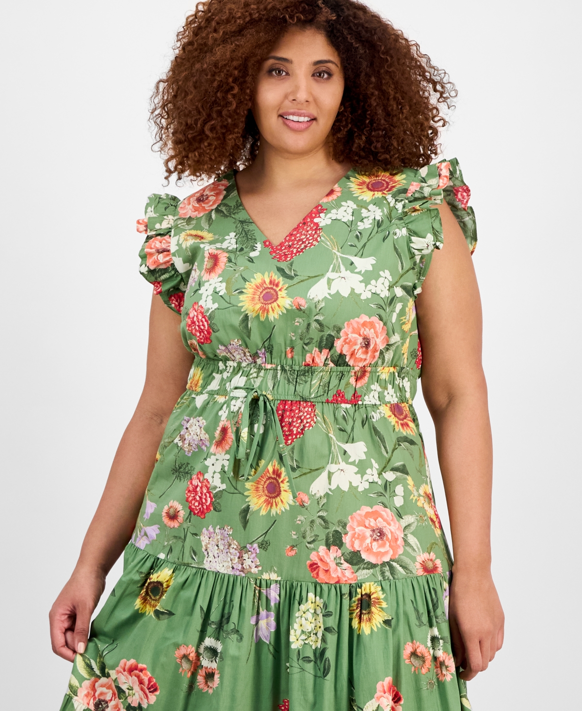 Anne Klein Printed Poplin Drawstring Maxi Dress In Green