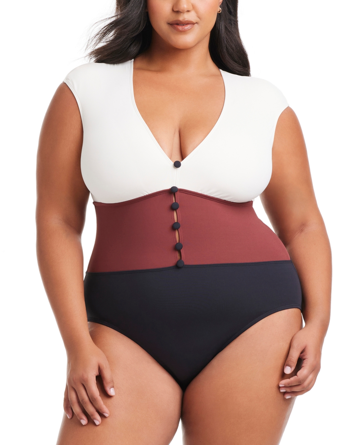 Plus Size Colorblocked Button-Down Cap-Sleeve One-Piece Swimsuit - Coconut