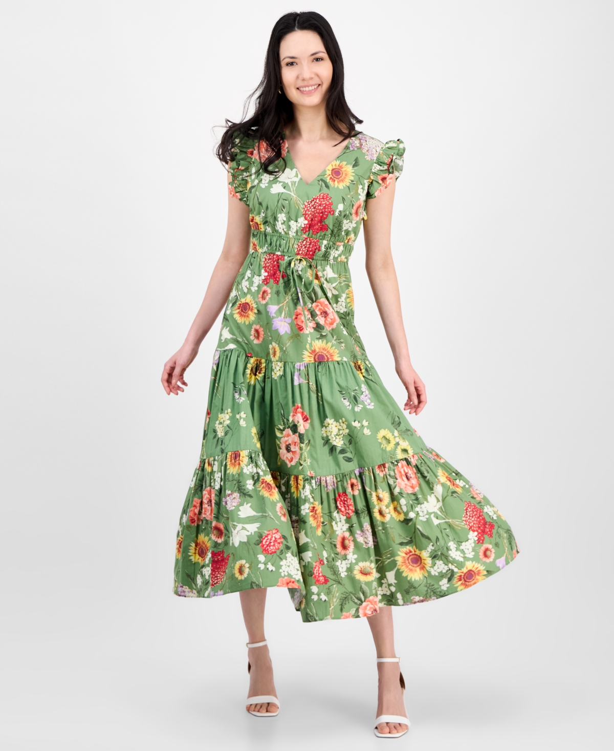 Anne Klein Printed Poplin Drawstring Maxi Dress In Green