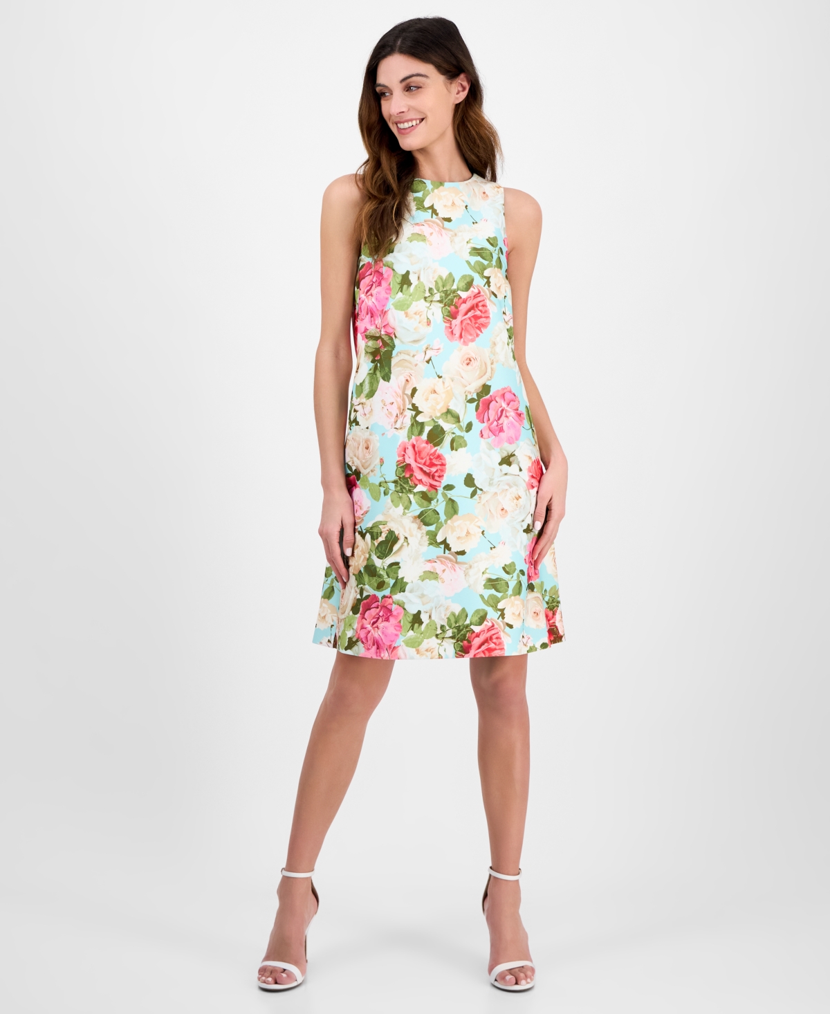 Anne Klein Floral Print Sleeveless Shift Dress In Eggshell Blue Multi