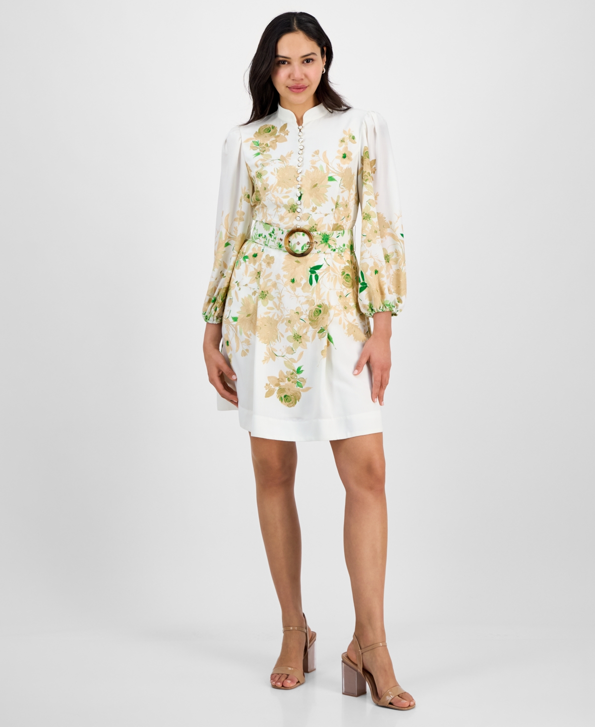 Tahari Women's Mandarin-Collar Belted Long-Sleeve Dress - Ivory Fern
