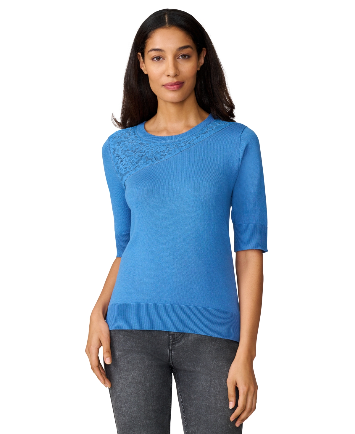 Petite Lace-Panel Elbow-Sleeve Sweater - Pumice Stone