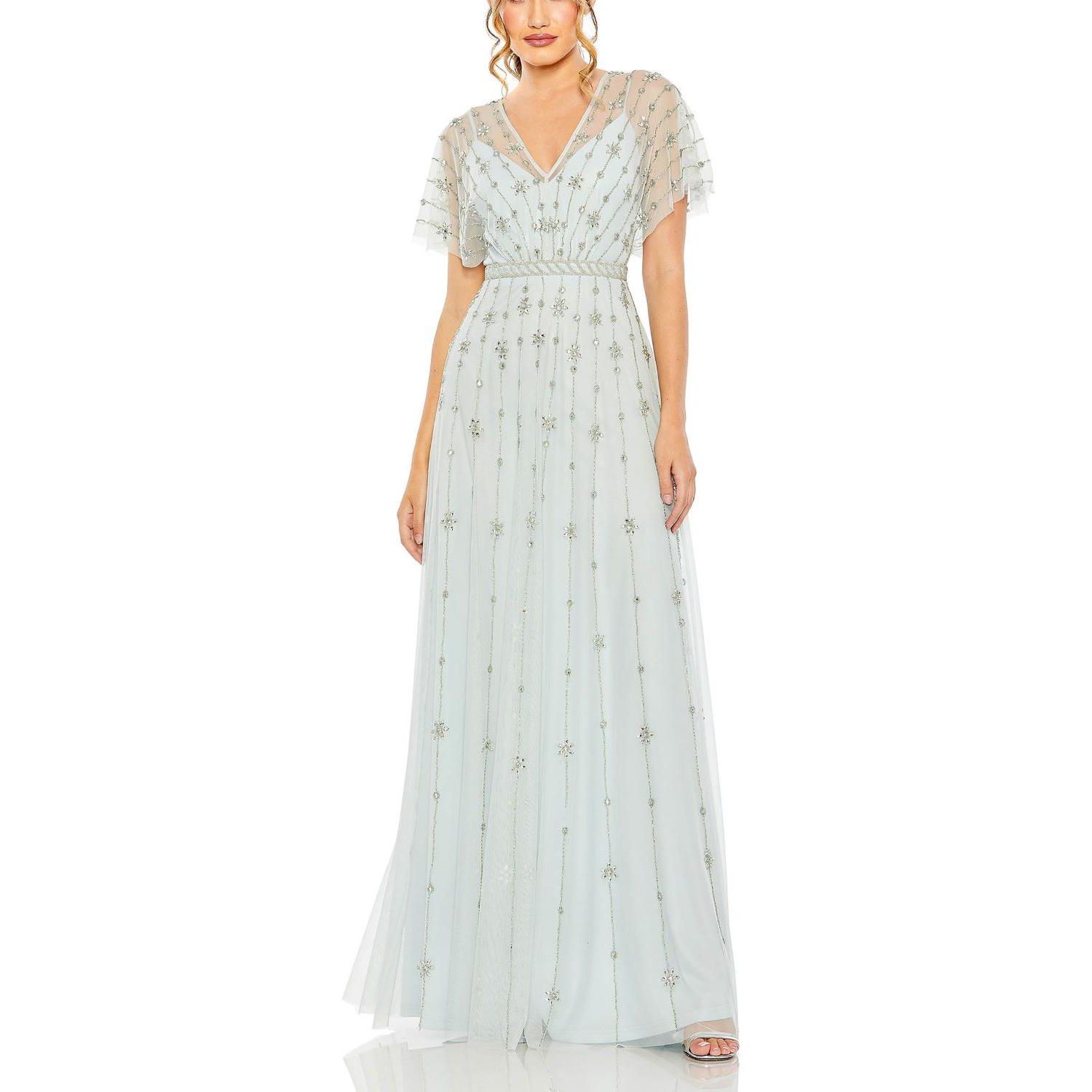 Women's V-Neck Embellished Flutter Sleeve A Line Gown