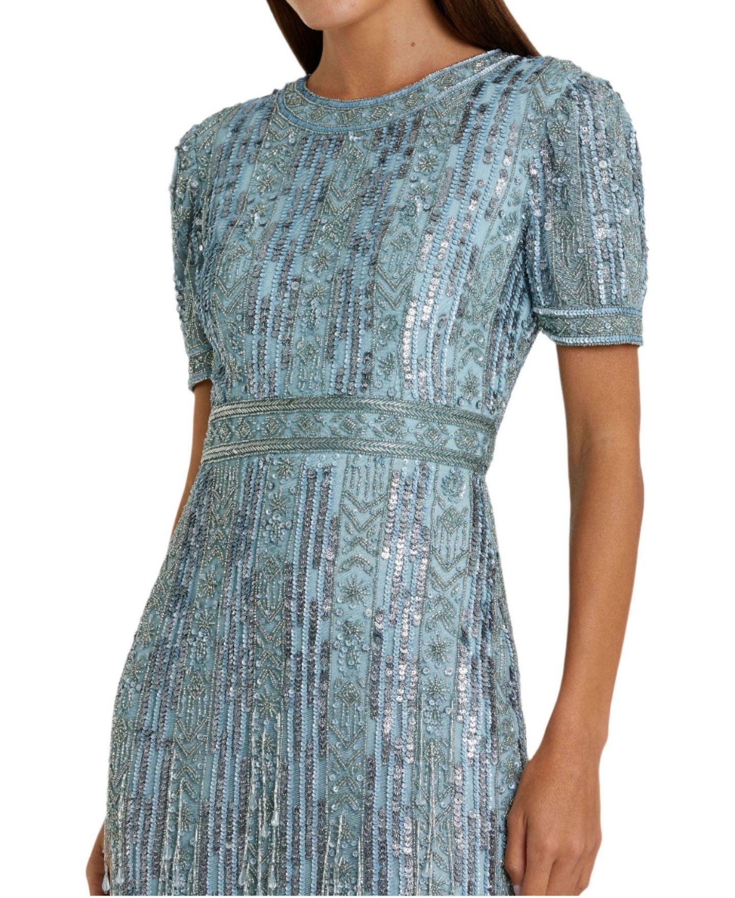Женское платье Mac Duggal High Neck Short Sleeve Crystal Fringe Column, цвет: Синий — фото 5