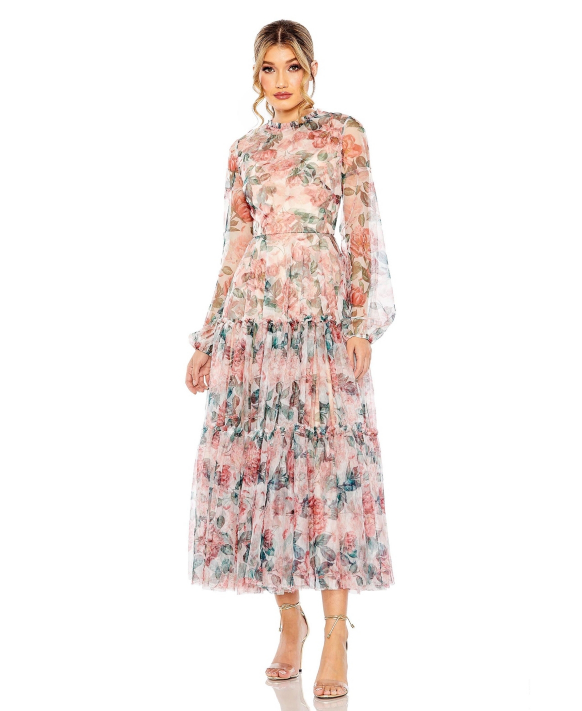 Women's Long Sleeve High Neck Long Balloon Sleeve Midi Dress - White multi