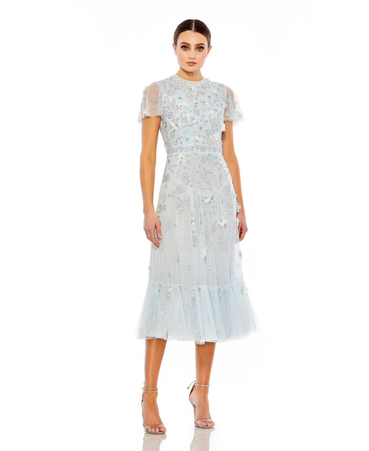Women's Embellished High Neck Cap Sleeve A Line Dress - Powder blue