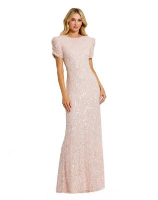 Women's Gathered Short Sleeve Beaded Gown