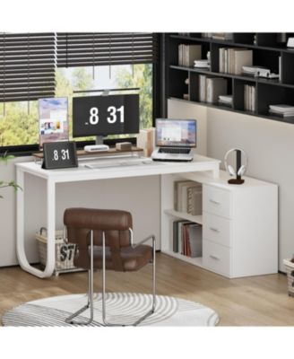 55.1 in. L-Shaped Brown Wood Computer Desk Writing Desk Office Executive Desk W/Removable Tabletop, Shelves, 3-Drawers