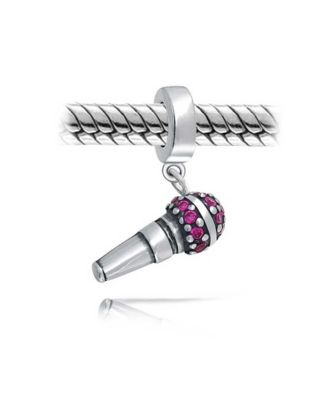 Блестящие ювелирные изделия Меломан Микрофон Розовый CZ Болтающийся Шарм Бусина Браслет из Стерлингового Серебра
