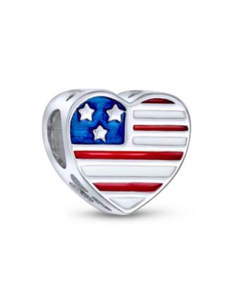 Heart Shape USA Flag Military Wife Charm Bead Sterling Silver Bracelet