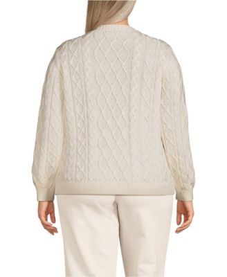 Женский свитер с круглым вырезом из арана большого размера Lands' End с круглым вырезом на шнурках