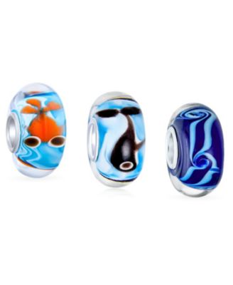 Nautical Glass Charm Bead Set Silver Core Multi-Color Murano Fish & Whale Design