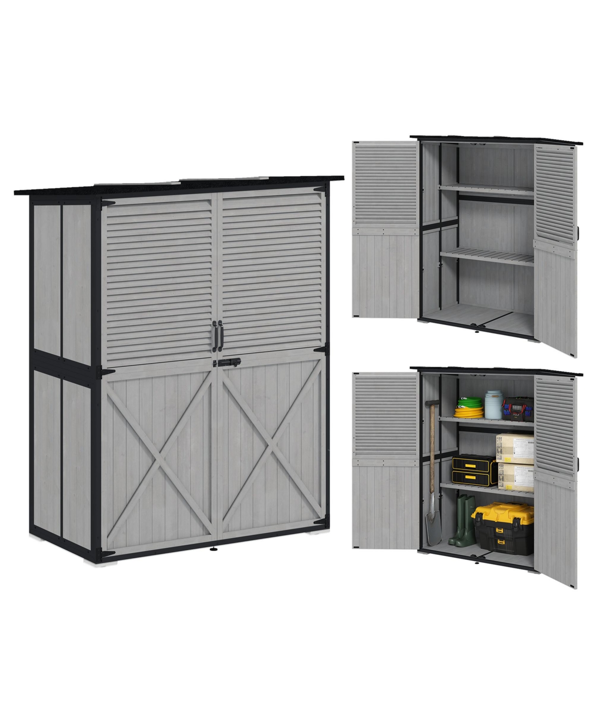 Outdoor Storage Cabinet, Wood Garden Shed with 2 Shelves, - Gray
