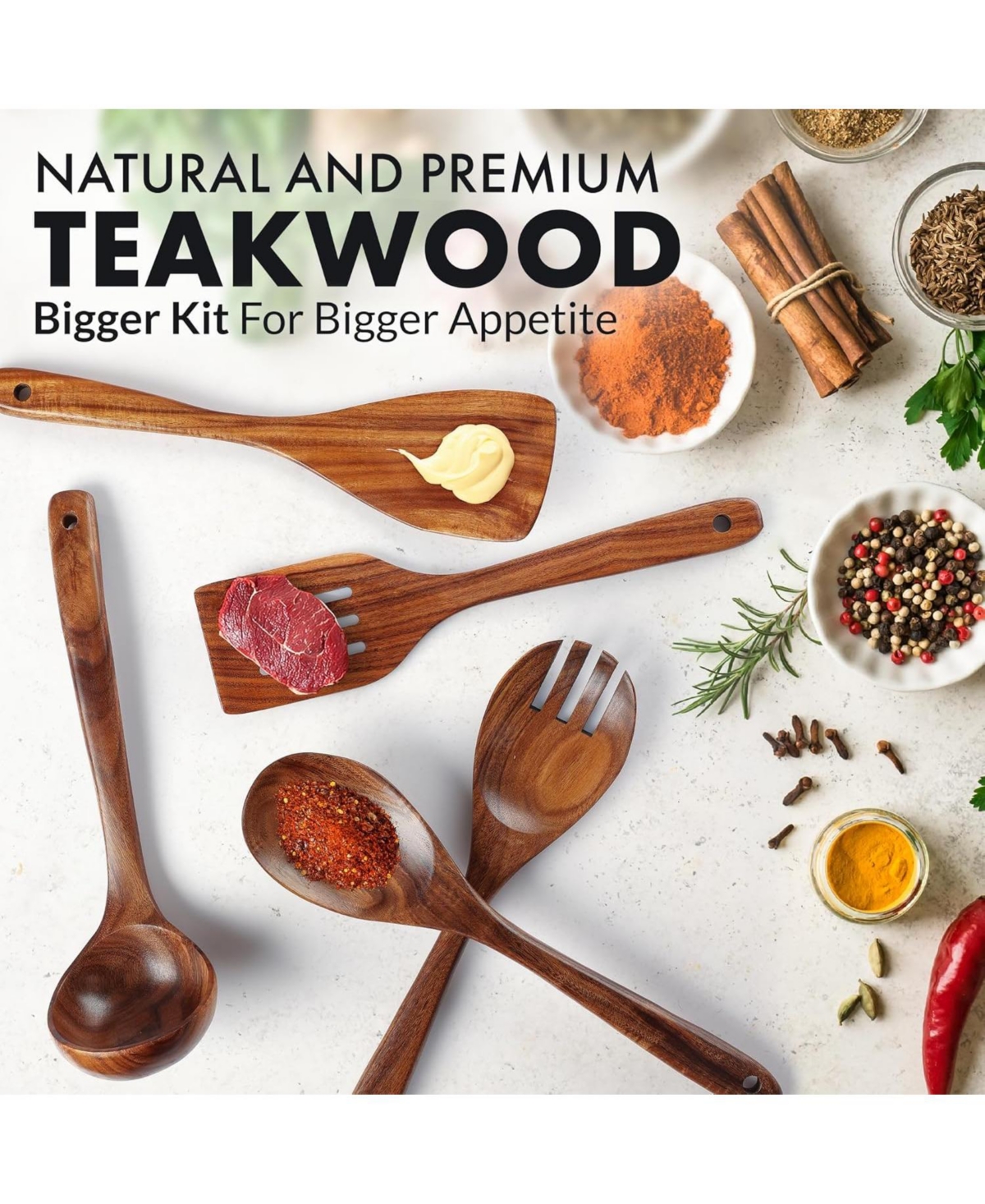 Extra Large 5-Piece Smooth Teak Wooden Spoon Set