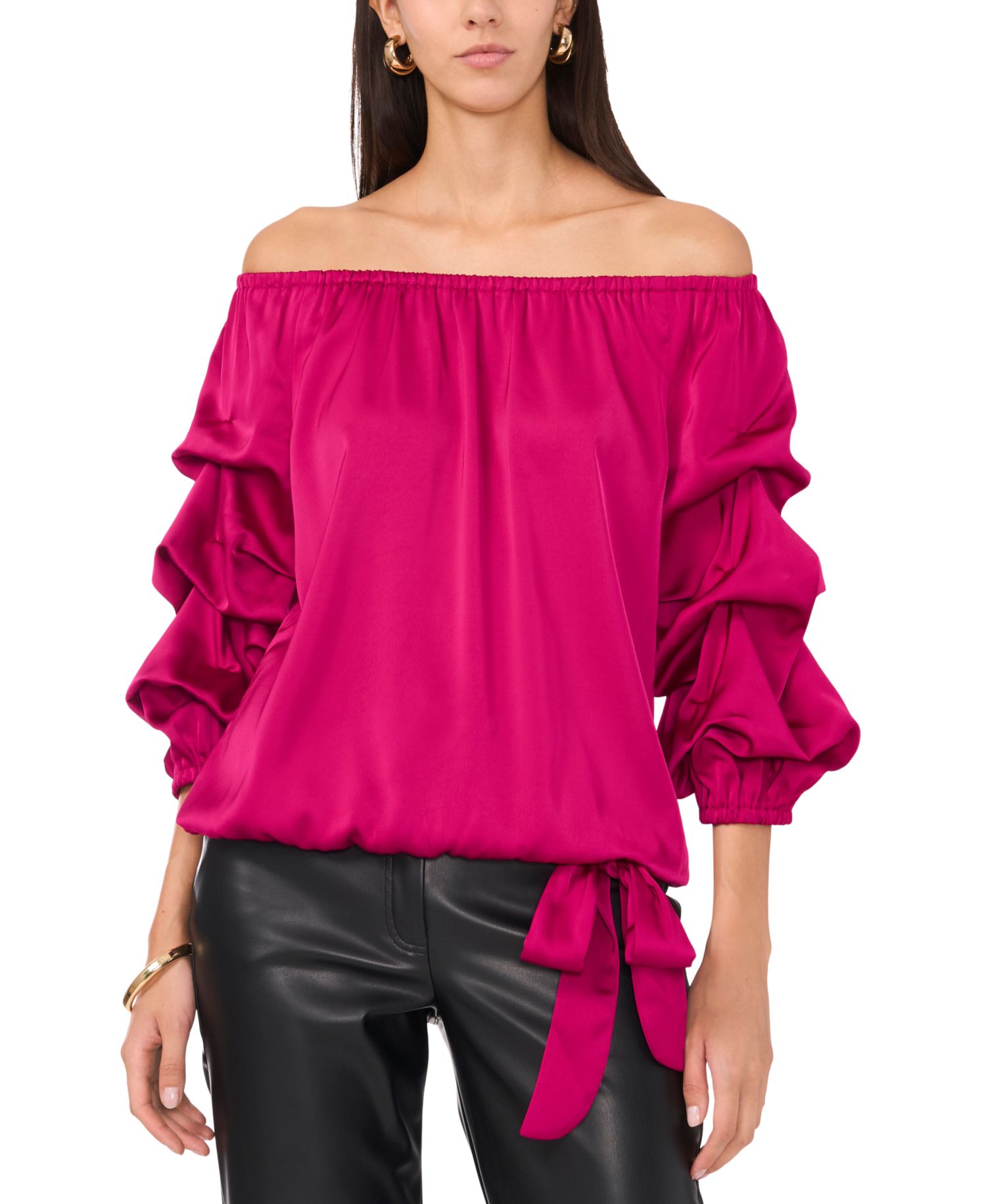 Women's Satin Off-The-Shoulder Bubble 3/4-Sleeve Tie-Front Blouse