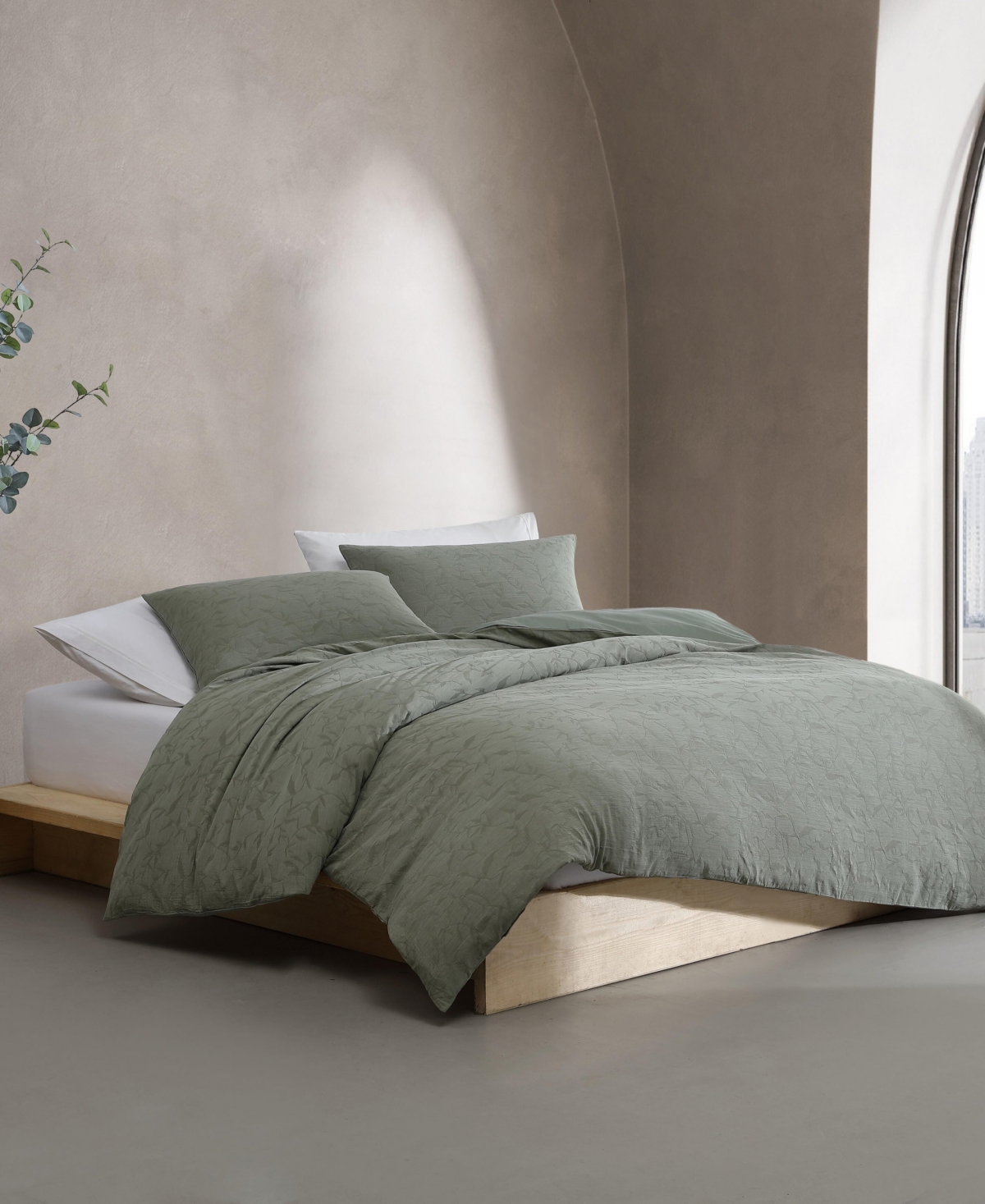 Calvin Klein Branching Leaves Cotton Jacquard 3-pc. Comforter Set, Queen In Moss