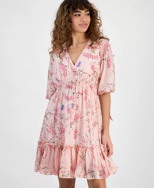 women's v-neck puff-sleeve smocked-waist dress