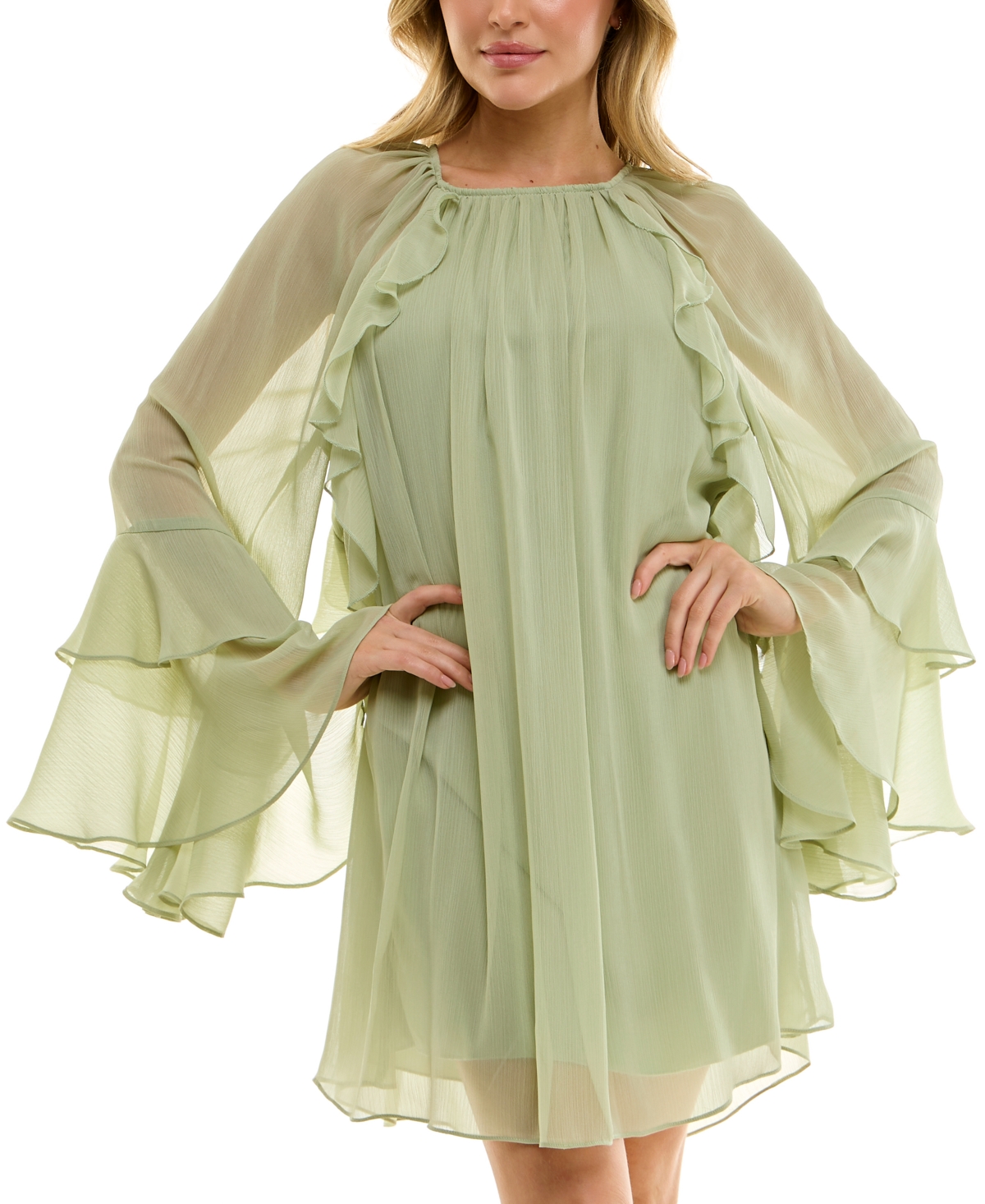 Juniors' Ruffled Chiffon Long-Sleeve Dress - Sage