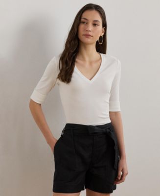 ラルフ・ローレン Lauren Ralph Lauren Petite Striped Cotton Elbow-sleeve V-neck Tee Women's Lauren Ralph Lauren Petite Striped Cotton Elbow