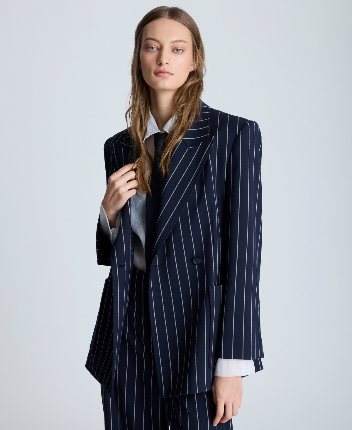 Kenneth Cole Women's Pinstriped Double-breasted Jacket In Dark Navy,pure White