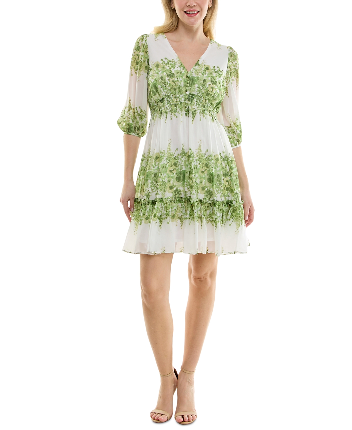 Petite V-Neck Tie-Sleeve Fit & Flare Chiffon Dress - White