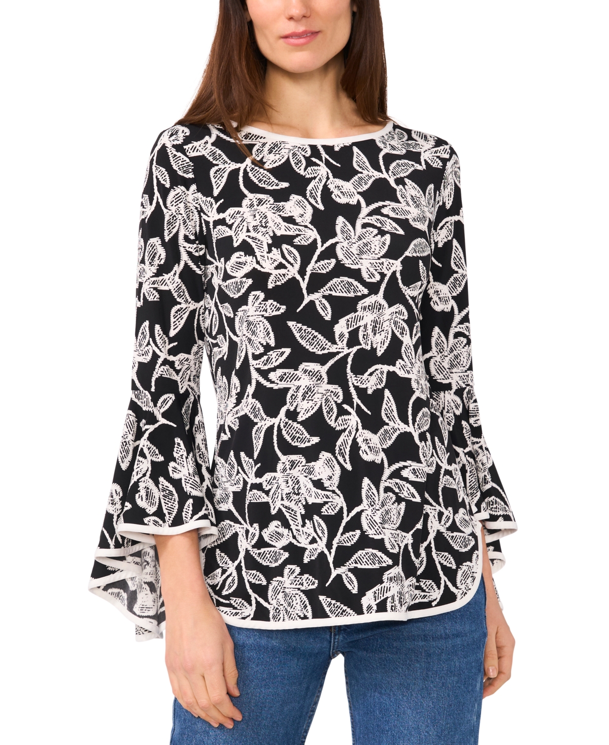 Women's Printed Crewneck Bell 3/4-Sleeve Blouse - Cobalt Parrot