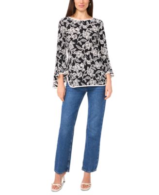 Women's Printed Crewneck 3/4-Bell-Sleeve Blouse
