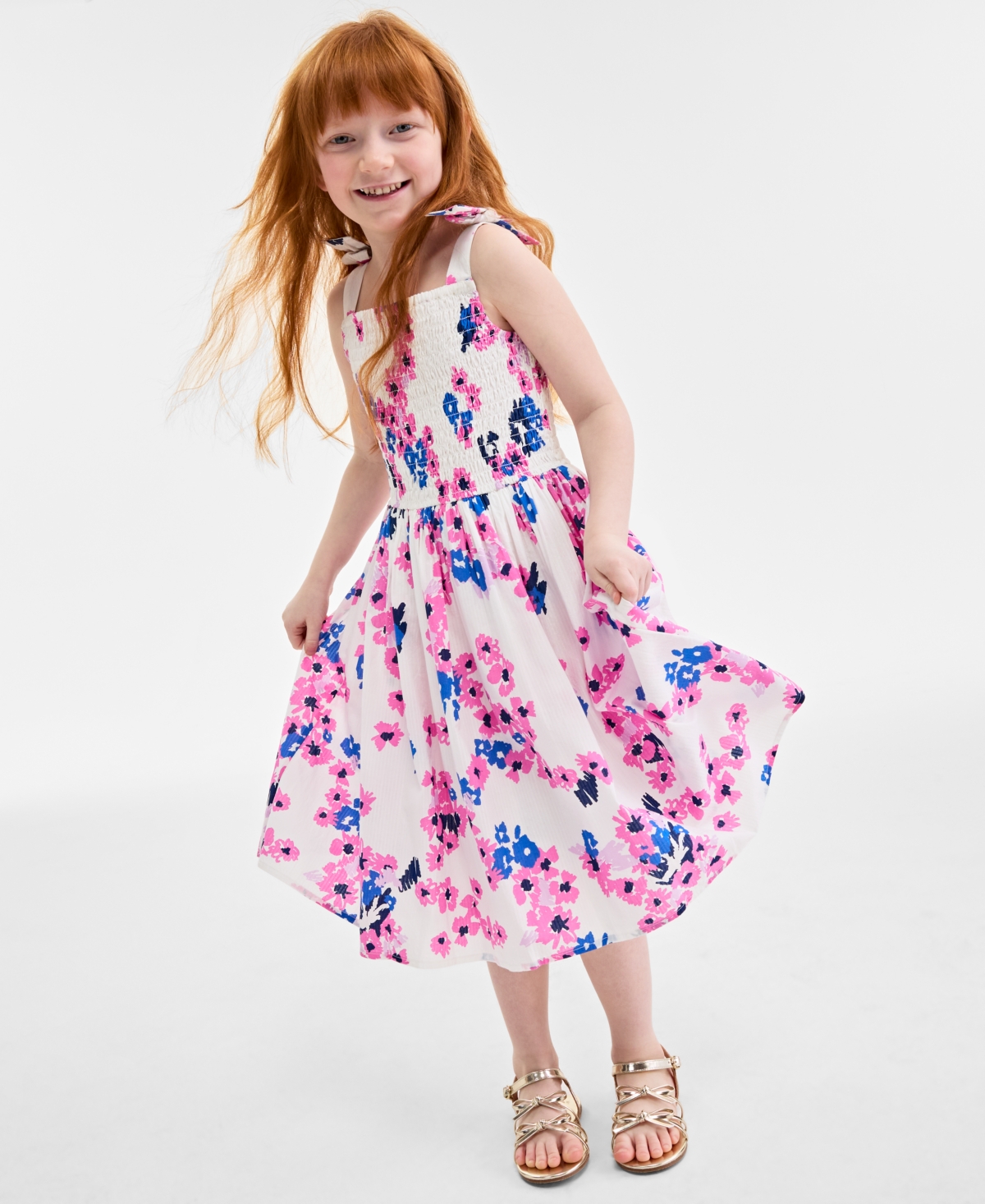 On 34th Little & Big Girls Mommy & Me Woven Cotton Sketched Bouquet-print Tie-strap Smocked Dress, Exclusive In Washed White