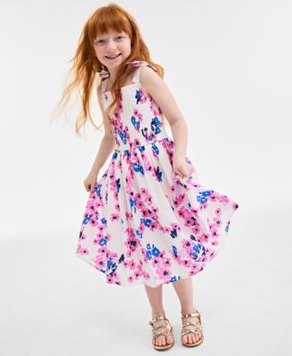 Little & Big Girls Mommy & Me Woven Cotton Sketched Bouquet-Print Tie-Strap Smocked Dress, Exclusively at Macy's