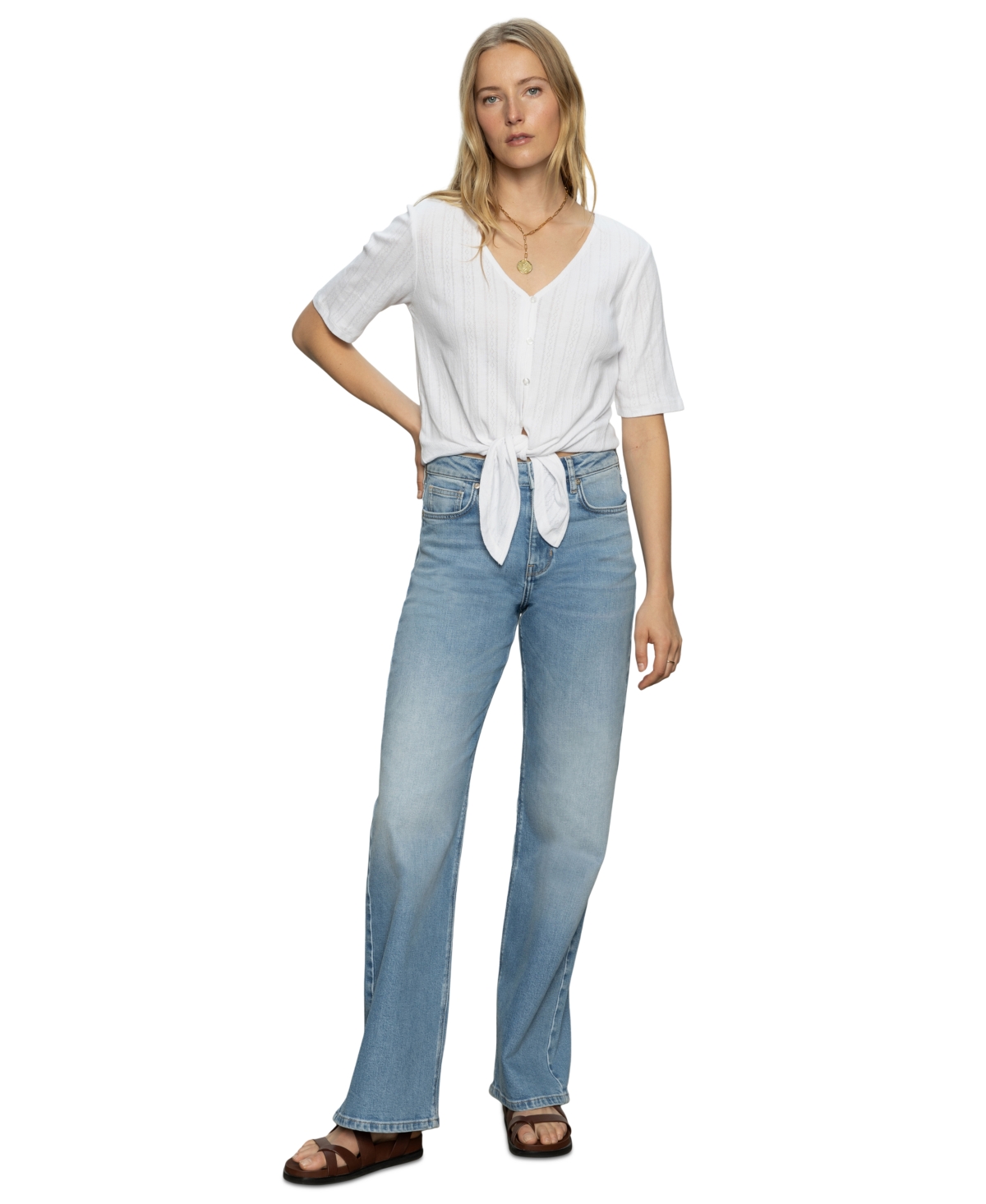 Women's Cotton Pointelle Tie-Front Top - White