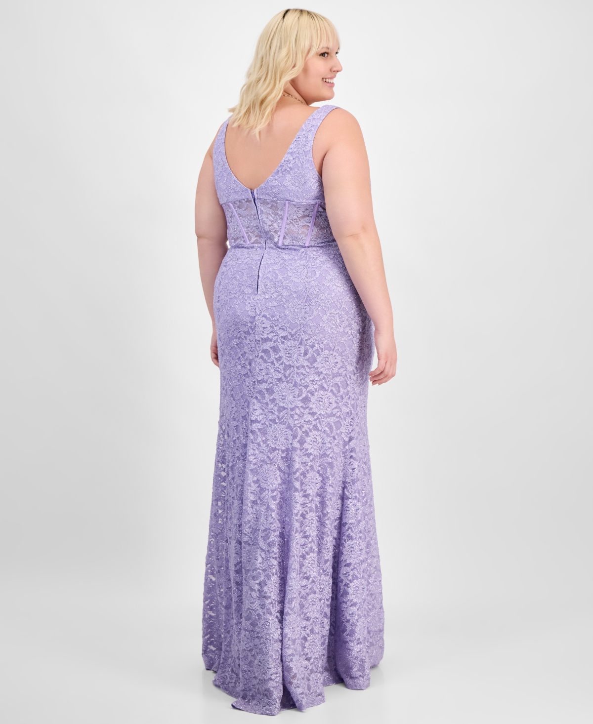 City Studios Trendy Plus Size Glitter Lace Gown In Med Purple