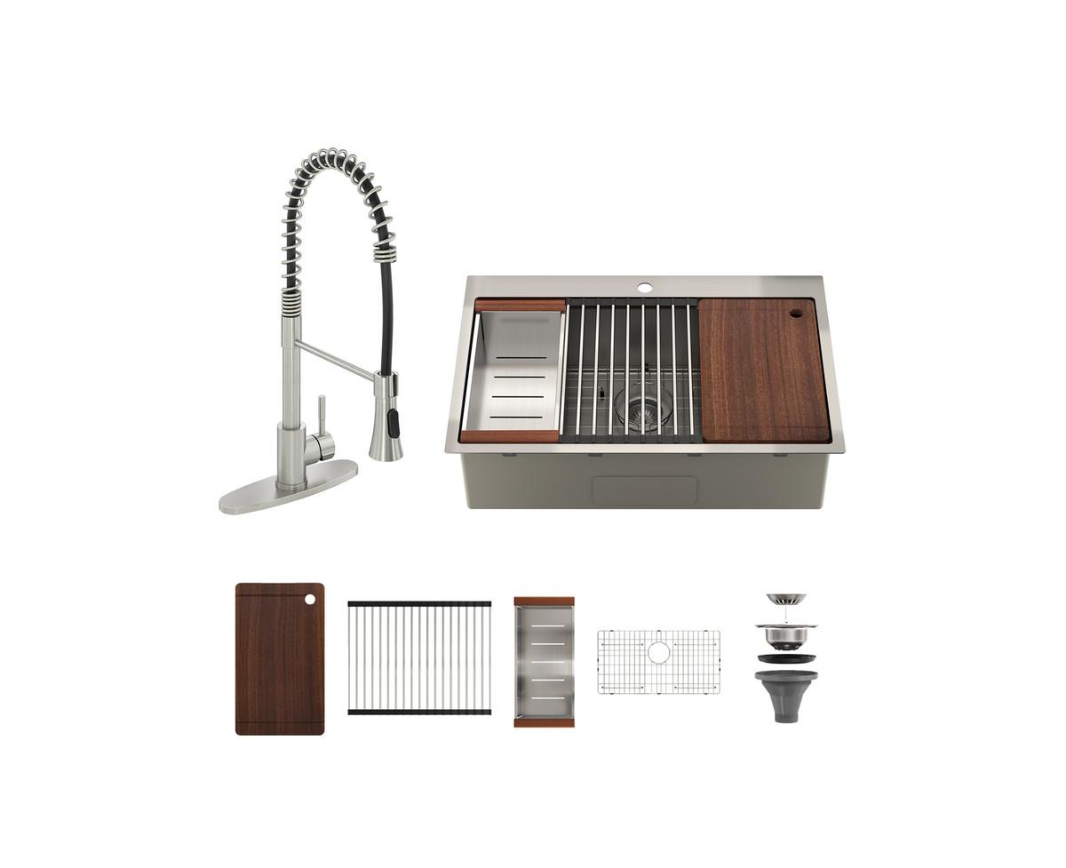 33" L x 22" W Drop-in Stainless Steel Kitchen Sink with Faucet Included - Stainless steel