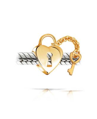 Блестящие ювелирные изделия Двухцветный Сердечный Замок и ключ-шарм из бисера 14-каратного позолоченного Стерлингового серебра